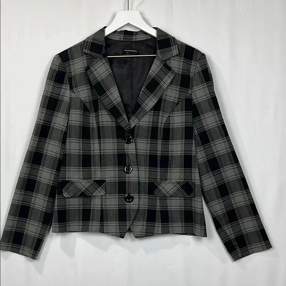 Courtenay Womens Jacket S/M Gray Black Plaid Notched Collar Button Up Short EUC